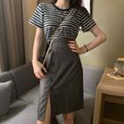 Striped Short-sleeve T-shirt / Slit A-line Midi Skirt