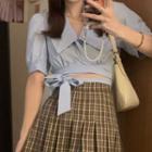 Puff-sleeve Collared Drawstring Cropped Blouse / High-waist Plaid Pleated Skirt