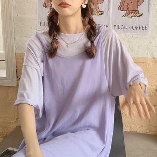 Slit Midi Overall Dress / Elbow-sleeve T-shirt