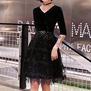 Elbow-sleeve Fringed Trim Cocktail Dress
