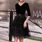 Elbow-sleeve Fringed Trim Cocktail Dress