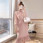 Lace Panel Long-sleeve Sheath Dress Pink - One Size