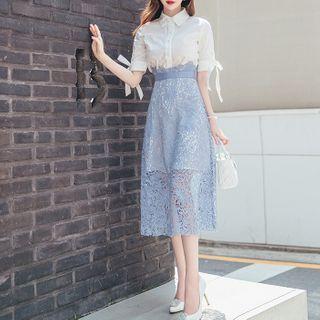 Set: Short-sleeve Shirt + Lace Midi A-line Skirt