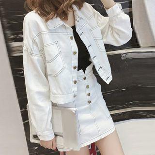 Set: Contrast Stitching Denim Jacket + Mini Denim Skirt