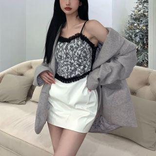 Lace Trim Camisole Top / Faux Leather Mini Pencil Skirt / Single-breasted Blazer