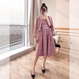 Set: Contrast Trim Tweed Jacket + Spaghetti Strap A-line Tweed Dress