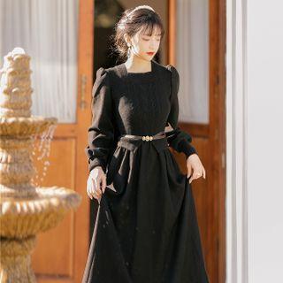 Mock Two-piece Knit Panel Midi A-line Dress
