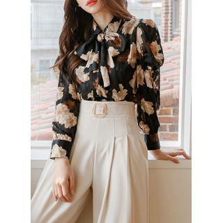 Puff-sleeve Floral Chiffon Blouse With Tie