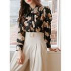 Puff-sleeve Floral Chiffon Blouse With Tie