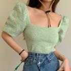 Short-sleeve Plain Blouse Light Green - One Size