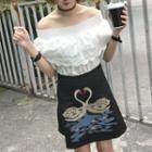 Set: Elbow-sleeve Off Shoulder Top + Embroidered A-line Skirt