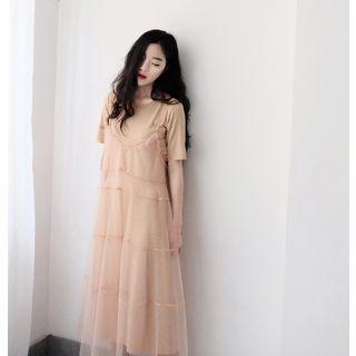 Set: Mesh Strappy Dress + Short-sleeve A-line Midi Dress