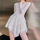 Long-sleeve Lace Panel Asymmetrical Mini A-line Dress
