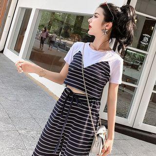 Set: Mock Two Piece Striped Panel Short Sleeve T-shirt + Wide Leg Pants