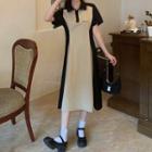 Short-sleeve Polo Neck Two-tone Knit Midi A-line Dress