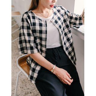 Plus Size Elbow-sleeve Gingham Jacket