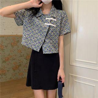 Asymmetrical Short-sleeve Floral Print Shirt / A-line Skirt