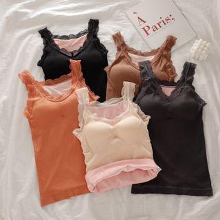 V Neck Lace Trim Fleece Plain Tank Top