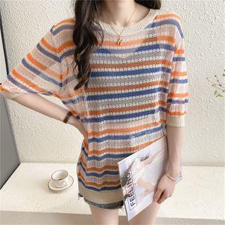 Striped Elbow-sleeve Pointelle Knit Top