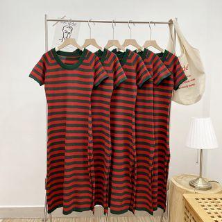 Short-sleeve Striped Knit Midi Dress Red & Black - One Size