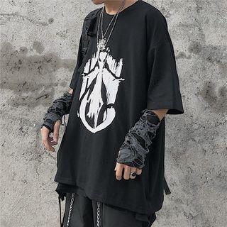 Elbow-sleeve Ghost Print T-shirt