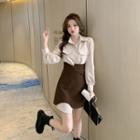 Set: Long-sleeve Pocket Detail Mini Shirt Dress + Asymmetrical Mini A-line Skirt