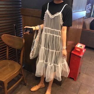 Set: Short Sleeve T-shirt Dress + Tiered Mesh Slipdress