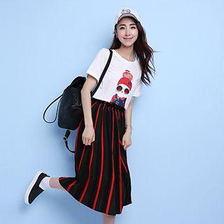 Set: Print Short-sleeve T-shirt + Stripe Midi Skirt