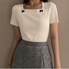 Short-sleeve Square-neck Bow Plain Top