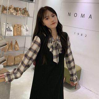 Mock Two-piece Plaid Long-sleeve Midi Dress Black - One Size