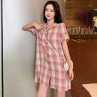 Short-sleeve Plaid Mini Shirt Dress Plaid - Multicolour - One Size