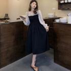 Long-sleeve Dotted Panel Midi A-line Dress Black & White - One Size