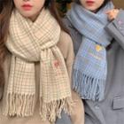 Heart Embroidered Plaid Fringe Scarf