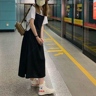Plain Short-sleeve T-shirt / Strappy Midi A-line Dress Black - One Size