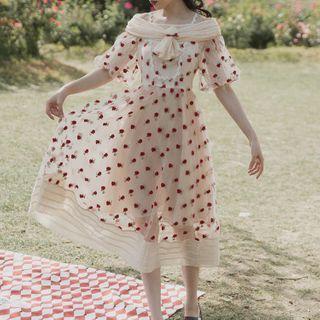 Cold-shoulder Elbow-sleeve Floral Embroidered Midi A-line Dress
