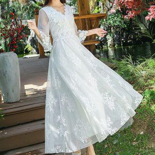 V-neck Embroidered 3/4-sleeve Maxi A-line Dress