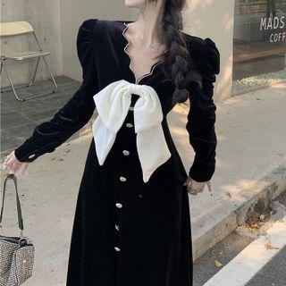 Contrast Trim V-neck Bow Long-sleeve Dress