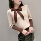 Long-sleeve Tie-neck Color-panel Knit Top As Shown In Figure - One Size