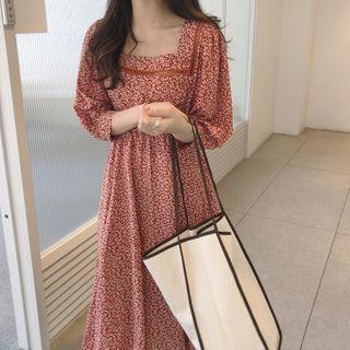 3/4-sleeve Floral A-line Dress Red - One Size