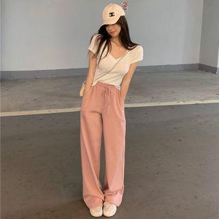 Plain V-neck T-shirt / High Waist Drawstring Straight Leg Sweatpants