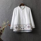 Embroidered 3/4 Sleeve Stand Collar Shirt