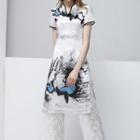 Set: Printed Short Sleeve Cheongsam + Lace Culottes