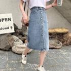 Buttoned A-line Wash Out Midi Denim Skirt