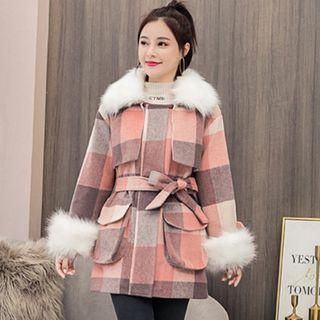 Faux Fur Trim Tie-waist Plaid Zip Coat