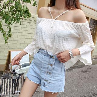 Off-shoulder Bell-sleeve Textured Top