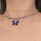 Alloy Butterfly Pendant Faux Pearl Choker 0708a - Silver - One Size