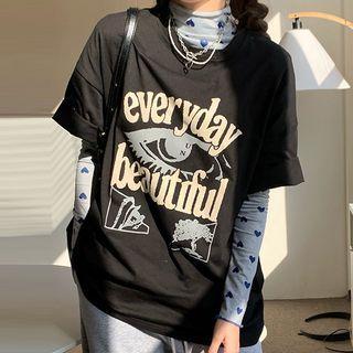 Long-sleeve Heart Print T-shirt / Short-sleeve Lettering T-shirt