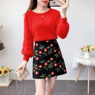 Set: Plain Knit Top + Embroidered Skirt
