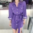 3/4-sleeve Lettering Shirt Dress Light Purple - One Size