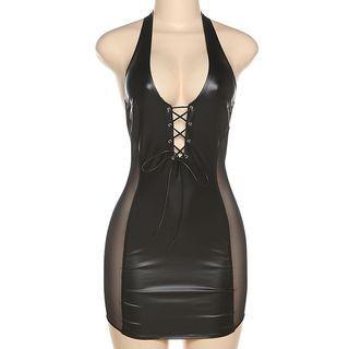 Halter Lace-up Faux Leather Mini Bodycon Dress